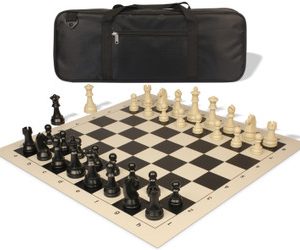 German Knight Deluxe Carry-All Plastic Chess Set Black & Aged Ivory Pieces with Roll-up Vinyl Board & Bag - Black