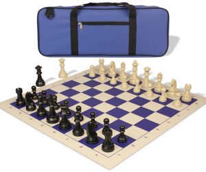 German Knight Deluxe Carry-All Plastic Chess Set Black & Aged Ivory Pieces with Roll-up Vinyl Board & Bag - Blue