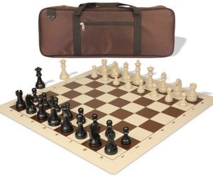 German Knight Deluxe Carry-All Plastic Chess Set Black & Aged Ivory Pieces with Roll-up Vinyl Board & Bag - Brown