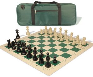 German Knight Deluxe Carry-All Plastic Chess Set Black & Aged Ivory Pieces with Roll-up Vinyl Board & Bag - Green