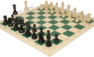 German Knight Deluxe Carry-All Plastic Chess Set Black & Aged Ivory Pieces with Roll-up Vinyl Board & Bag - Lime Green
