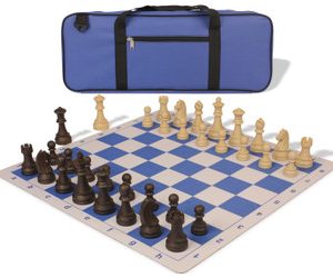 German Knight Deluxe Carry-All Plastic Chess Set Brown & Natural Wood Grain Pieces with Lightweight Floppy Board - Royal Blue