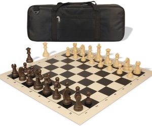 German Knight Deluxe Carry-All Plastic Chess Set Wood Grain Pieces with Vinyl Roll-up Board & Bag - Black