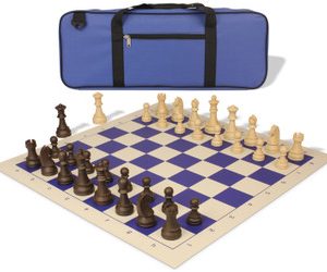 German Knight Deluxe Carry-All Plastic Chess Set Wood Grain Pieces with Vinyl Roll-up Board & Bag - Blue
