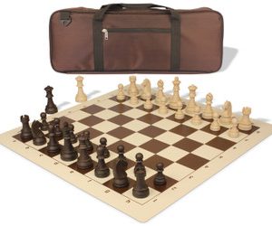 German Knight Deluxe Carry-All Plastic Chess Set Wood Grain Pieces with Vinyl Roll-up Board & Bag - Brown