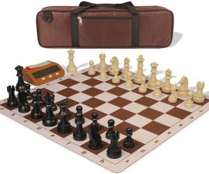 German Knight Large Carry-All Plastic Chess Set Black & Aged Ivory Pieces with Clock & Lightweight Floppy Board - Brown