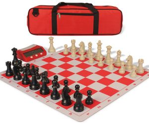German Knight Large Carry-All Plastic Chess Set Black & Aged Ivory Pieces with Clock & Lightweight Floppy Board - Red