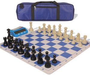 German Knight Large Carry-All Plastic Chess Set Black & Aged Ivory Pieces with Clock & Lightweight Floppy Board - Royal Blue