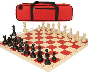 German Knight Large Carry-All Plastic Chess Set Black & Aged Ivory Pieces with Roll-up Vinyl Board & Bag - Red