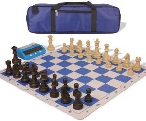 German Knight Large Carry-All Plastic Chess Set with Wood Grain Pieces, Clock & Lightweight Floppy Board - Royal Blue