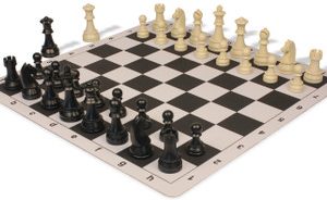 German Knight Plastic Chess Set Black & Aged Ivory Pieces with Lightweight Floppy Board - Black