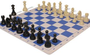 German Knight Plastic Chess Set Black & Aged Ivory Pieces with Lightweight Floppy Board - Blue