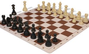 German Knight Plastic Chess Set Black & Aged Ivory Pieces with Lightweight Floppy Board - Brown