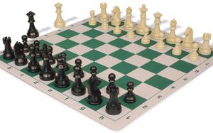 German Knight Plastic Chess Set Black & Aged Ivory Pieces with Lightweight Floppy Board - Green