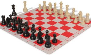 German Knight Plastic Chess Set Black & Aged Ivory Pieces with Lightweight Floppy Board - Red