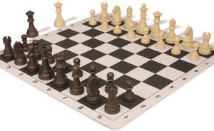 German Knight Plastic Chess Set Brown & Natural Wood Grain Pieces with Lightweight Floppy Board - Black