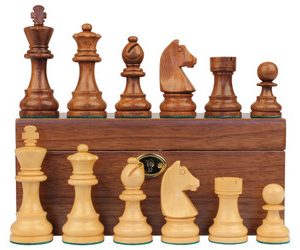 German Knight Staunton Acacia & Boxwood Pieces with Walnut Chess Box - 3.75 King
