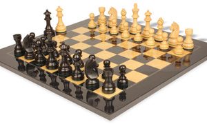 German Knight Staunton Chess Set Ebonized & Boxwood Pieces with Black & Ash Burl Chess Board - 3.75 King