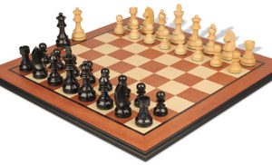 German Knight Staunton Chess Set Ebonized & Boxwood Pieces with Mahogany Molded Edge Chess Board - 3.25 King