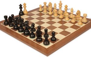 German Knight Staunton Chess Set Ebonized & Boxwood Pieces with Sunrise Walnut Board - 3.75 King
