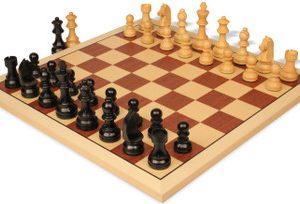 German Knight Staunton Chess Set Ebonized & Boxwood Pieces with Sycamore & Mahogany Board - 3.75 King