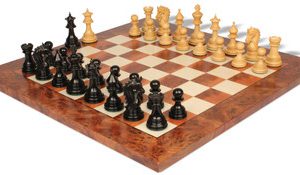Hadrian Staunton Chess Set in Ebony & Boxwood with Elm Burl & Erable Board - 4.4 King