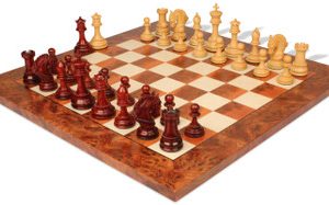 Hengroen Staunton Chess Set Padauk & Boxwood Pieces with Elm Burl Chess Board - 4.6 King