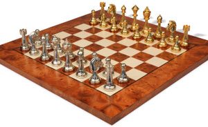 Italian Arabesque Staunton Gold & Sliver Chess Set & Elm Burl Chess Board Package