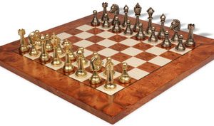 Italian Arabesque Staunton Metal Chess Set with Elm Burl Chess Board