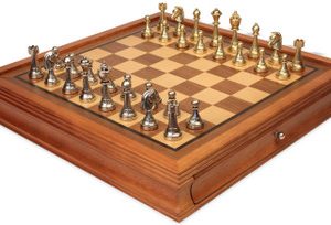Italian Arabesque Staunton Metal Chess Set with Walnut Case (Offset Drawer Option)