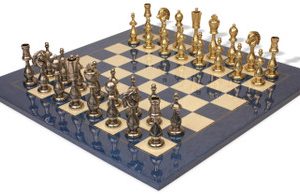 Large Arabesque Contemporary Staunton Metal Chess Set with Blue Ash Burl Chess Board