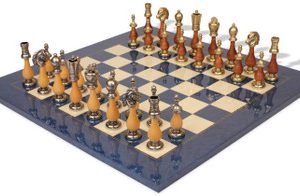 Large Italian Arabesque Staunton Metal & Wood Chess Set with Blue Ash Burl Chess Board