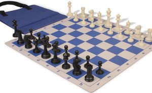 Master Series Easy-Carry Plastic Chess Set Black & Ivory Pieces with Lightweight Floppy Board & Bag - Blue