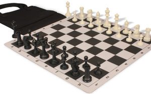 Master Series Easy-Carry Triple Weighted Plastic Chess Set Black & Ivory Pieces with Lightweight Floppy Board - Black