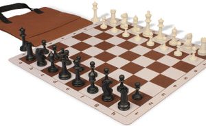 Master Series Easy-Carry Triple Weighted Plastic Chess Set Black & Ivory Pieces with Lightweight Floppy Board & Bag - Brown