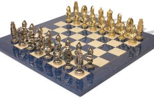 Medieval Theme Metal Chess Set with Blue Ash Burl Chess Board