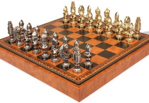 Medieval Theme Metal Chess Set with Faux Leather Chess Board & Storage Tray