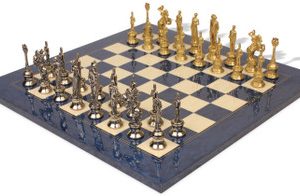 Napoleon Theme Chess Set Brass & Nickel Pieces with Blue Ash Burl Chess Board