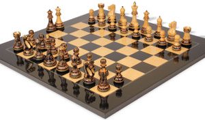 New Exclusive Staunton Chess Set Burnt Boxwood Pieces with Black & Ash Burl Board - 3.75 King