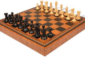 New Exclusive Staunton Chess Set Ebonized & Boxwood Pieces with Leatherette Chess Board & Tray - 3.5 King