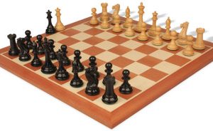 New Exclusive Staunton Chess Set Ebonized & Boxwood Pieces with Sunrise Mahogany Chess Board - 3.5 King