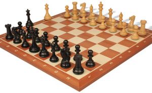 New Exclusive Staunton Chess Set Ebonized & Boxwood Pieces with Sunrise Mahogany Notated Chess Board - 3.5 King