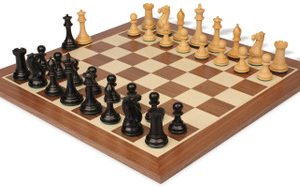 New Exclusive Staunton Chess Set Ebonized & Boxwood Pieces with Sunrise Walnut Chess Board - 3.5 King