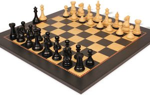 New Exclusive Staunton Chess Set Ebonized & Boxwood Pieces with The Queen's Gambit Chess Board - 3 King