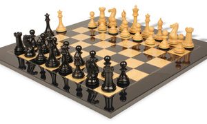 New Exclusive Staunton Chess Set Ebony & Boxwood Pieces with Black & Ash Burl Board - 3.5 King