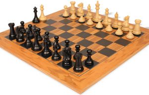 New Exclusive Staunton Chess Set Ebony & Boxwood Pieces with Olive & Black Deluxe Board - 3 King