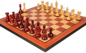 New Exclusive Staunton Chess Set Padauk & Boxwood Pieces with Padauk & Bird's Eye Maple Molded Edge Board - 3.5 King