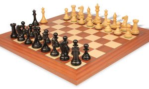 New Exclusive Staunton Chess Set in Ebonized Boxwood & Boxwood with Mahogany & Maple Deluxe Chess Board - 3.5 King
