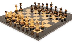 Parker Staunton Chess Set Burnt Boxwood Pieces with Black Ash Burl Chess Board - 3.75 King