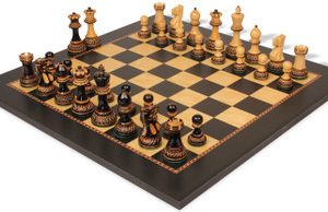 Parker Staunton Chess Set Burnt Boxwood Pieces with The Queen's Gambit Chess Board - 3.75 King